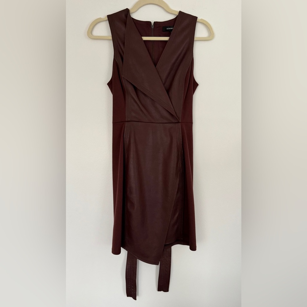 BCBGMaxAzria Leather Mini Dark Brown Fully Asymmetrical Dress, Sz. XXS - Picture 2 of 5